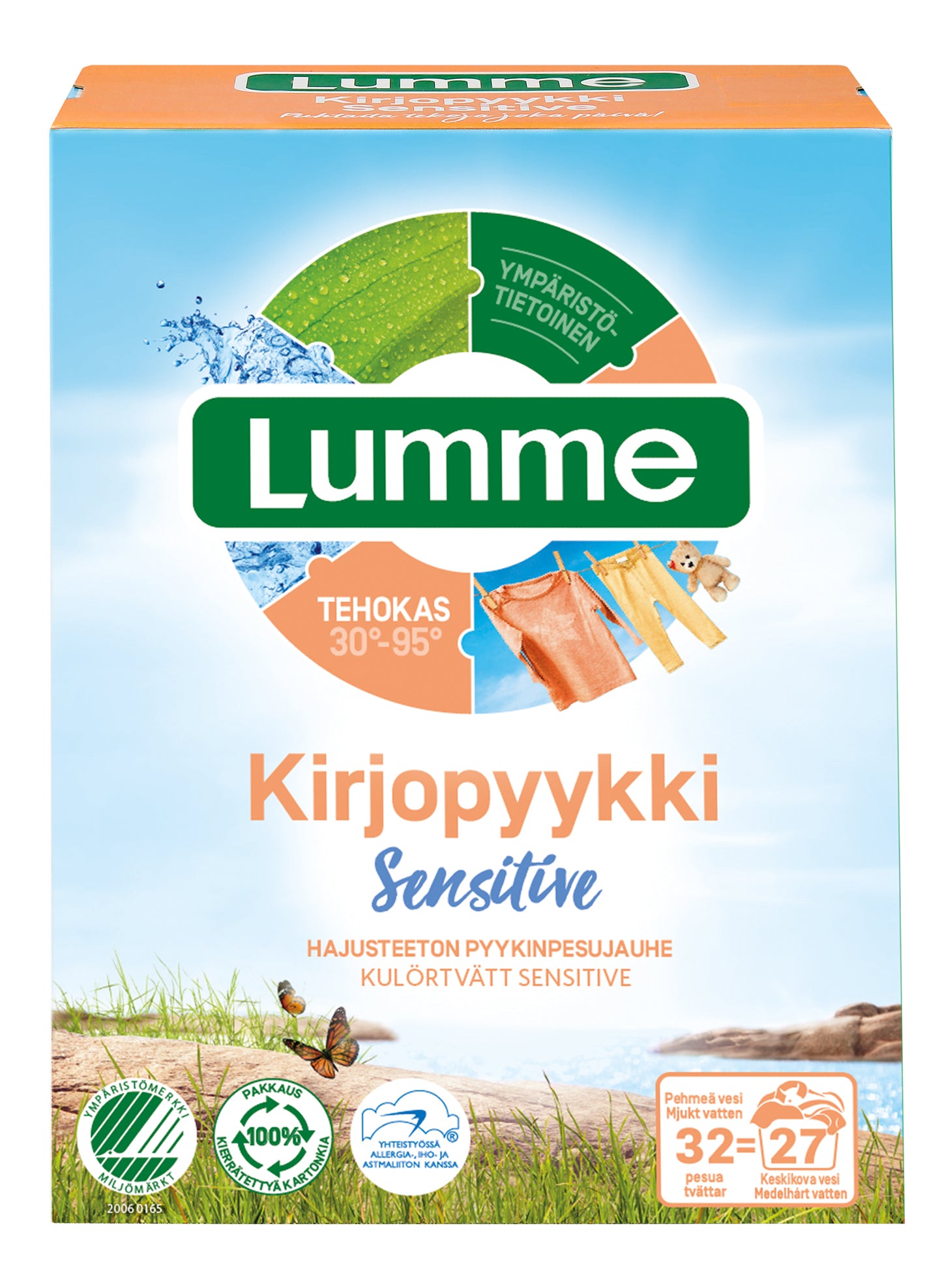 Lumme Kirjopyykki Sensitive hajusteeton pyykinpesujauhe, Joutsenmerkitty, jopa 32 pesua