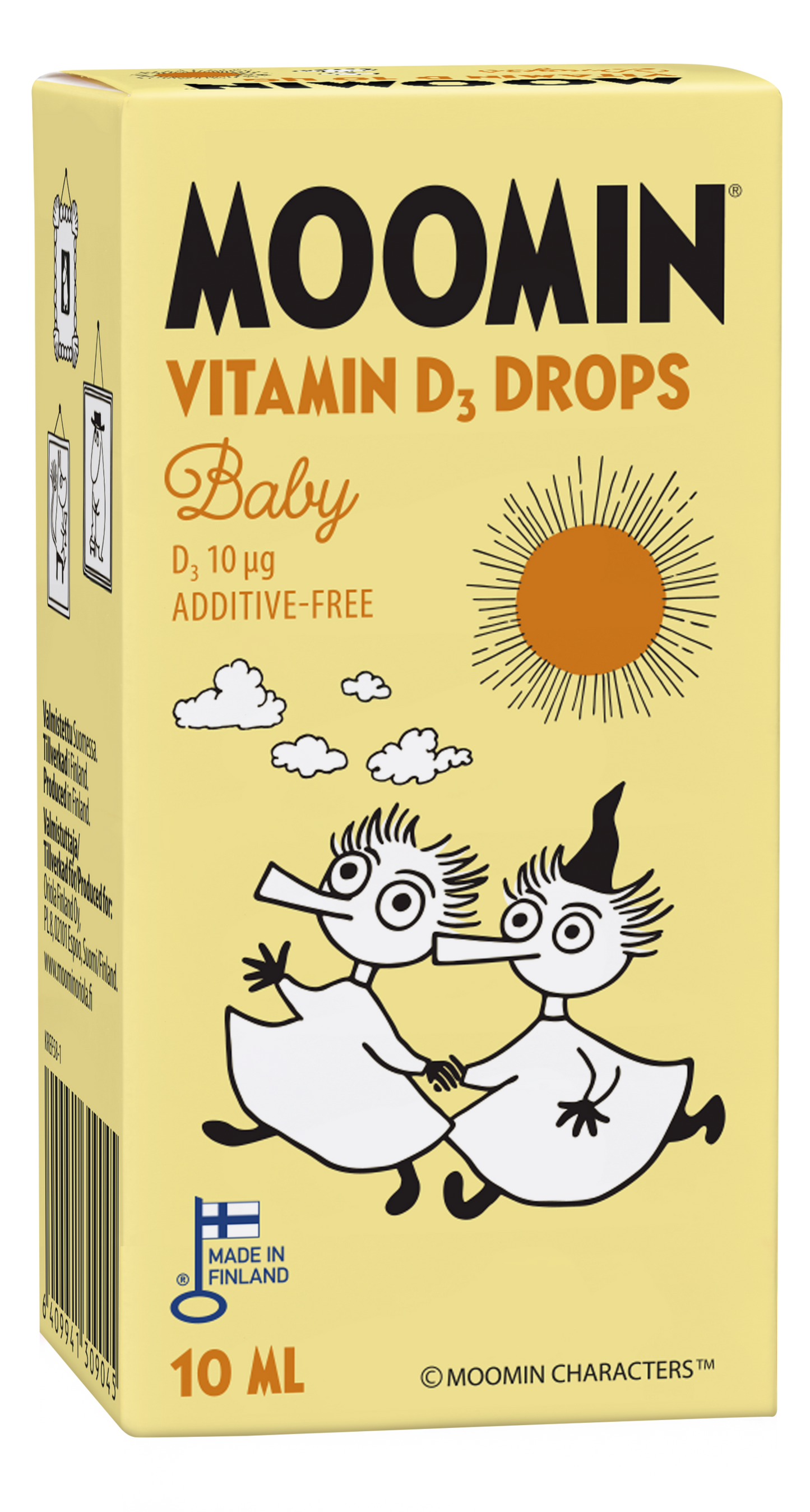 Moomin D-vitamiinitipat 10 µg, 10 ml, lisäaineettomat D3-tipat vauvoille, lapsille ja aikuisille
