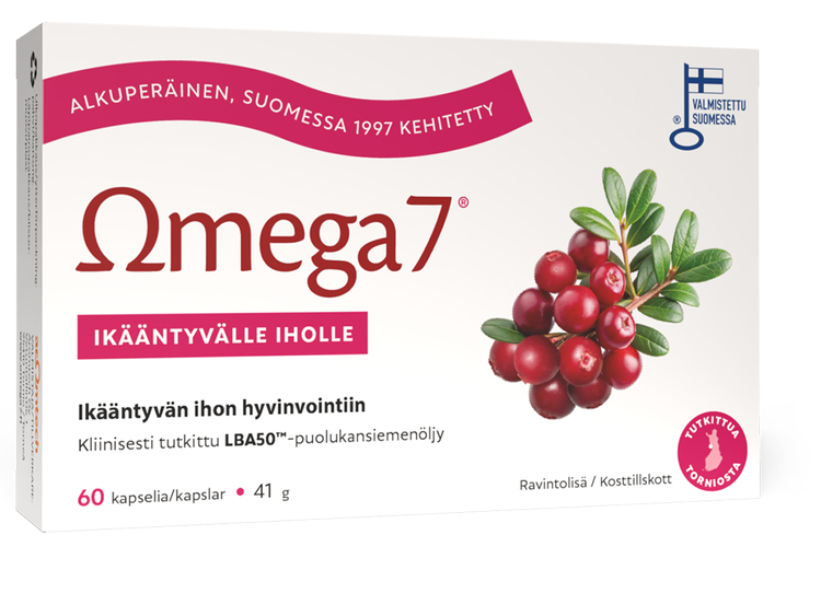 Omega7 LBA50 puolukansiemenöljy ikääntyvälle iholle, 60 vegaanista kapselia