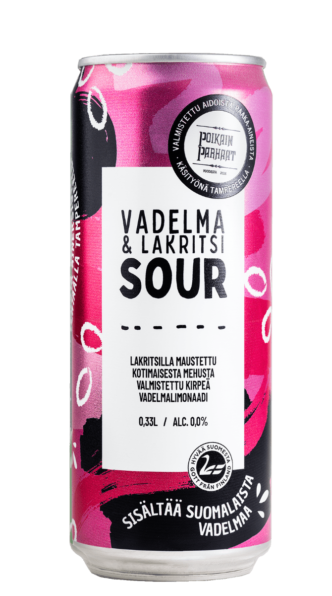 Poikain Parhaat SOUR Vadelma-Lakritsi limonaadi, kirpeä alkoholiton vadelmajuoma, 0,33 l tölkki