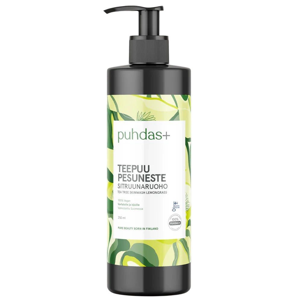 Puhdas+ Teepuu Pesuneste Sitruunaruoho 250 ml, teepuuöljyä sisältävä pesuneste, vegaaninen pumppupullo