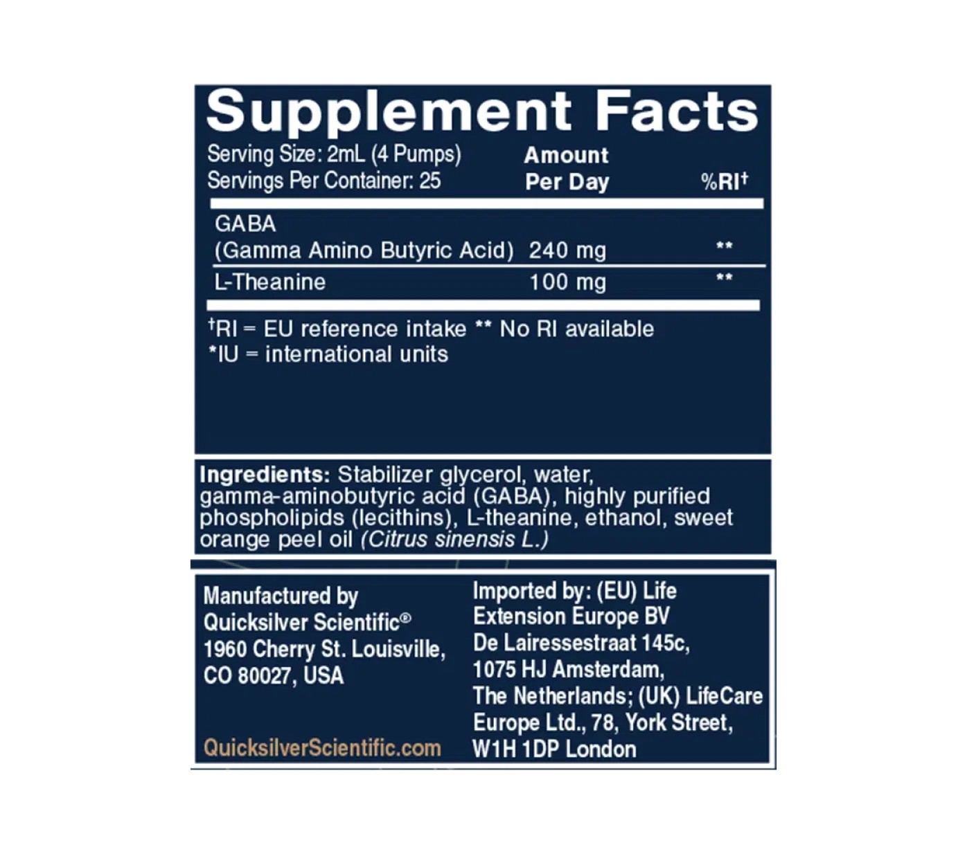Quicksilver GABA with L-Theanine ravintosisältö – GABAa 240 mg ja L-teaniinia 100 mg vuorokausiannoksessa