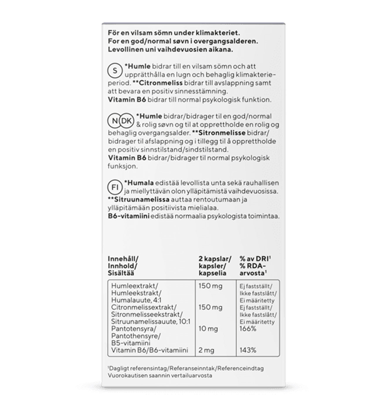 RFSU Relax & Sleep ainesosataulukko – humalauute, sitruunamelissauute, B5- ja B6-vitamiini