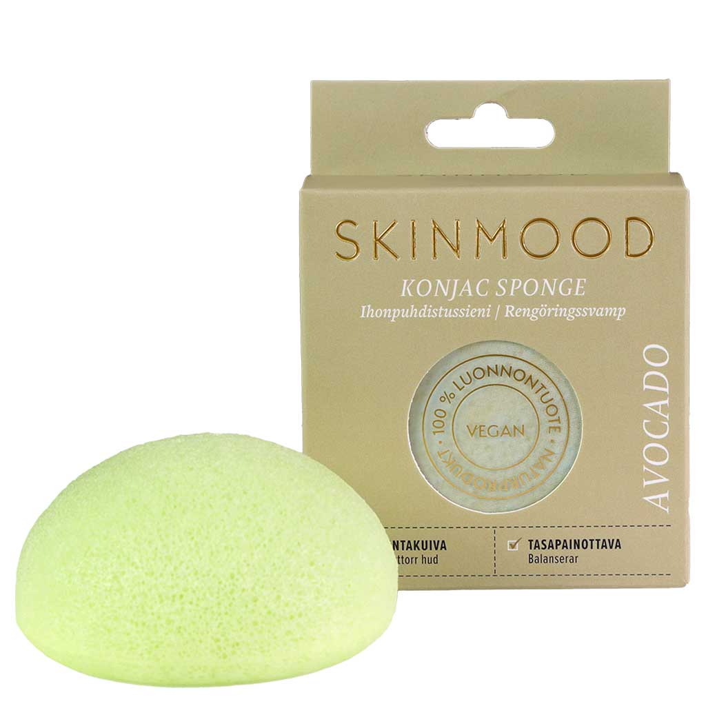 SkinMood Konjac Sponge Avokado, vaaleanvihreä ihonpuhdistussieni ja pakkaus