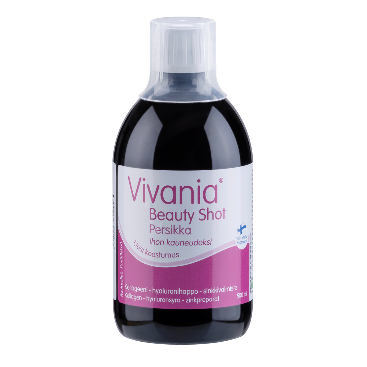 Vivania Beauty Shot Persikka — nestemäinen kollageeni-, hyaluronihappo- ja sinkkivalmiste, 500 ml