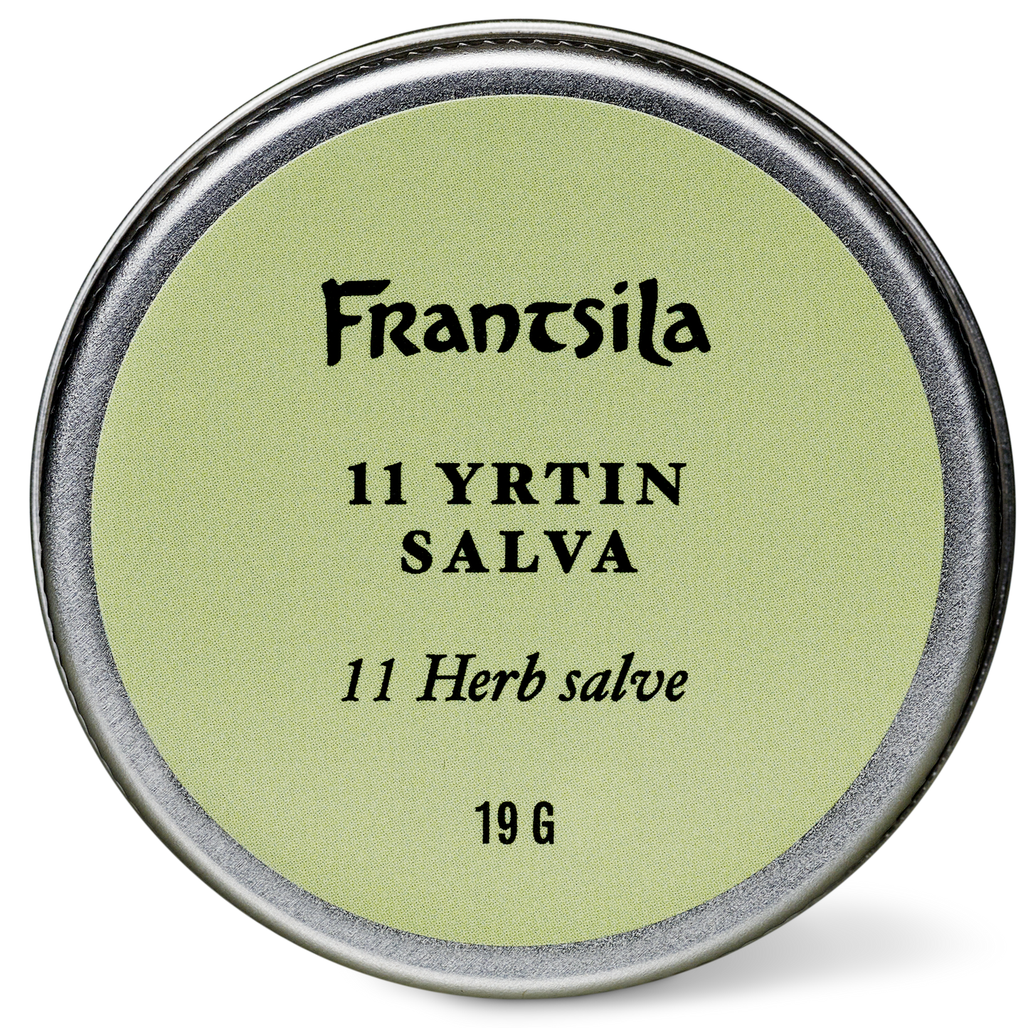 Pyöreä metallitölkki, jossa on vaaleanvihreä etiketti, jossa lukee "Frantsila 11 Yrtin hoitosalva, 19 g", on kuvassa keskellä valkoisella pohjalla. Tämä ihoa hellävaraisesti elvyttävä salva on Frantsilan valmistama.