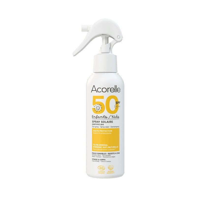 Acorelle Kids SPF50 aurinkosuojasuihke lapsille, luomu mineraalinen aurinkosuoja, 150 ml
