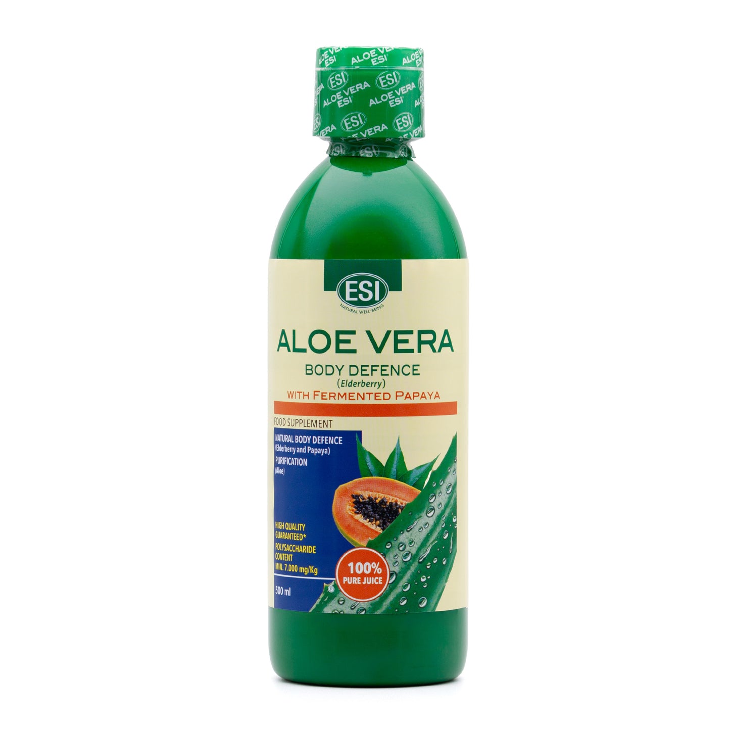 Aloe Vera ESI Body Defence täysmehu 500 ml – aloe vera, fermentoitu papaija ja mustaselja, vegaaninen