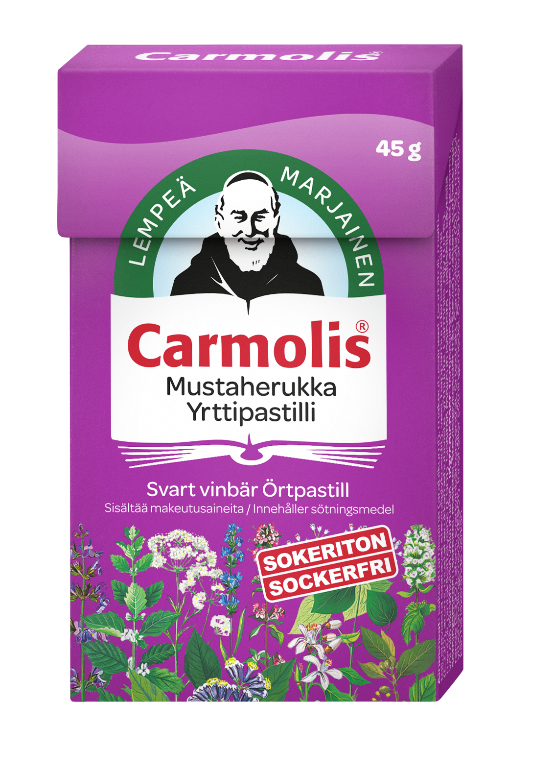 Carmolis Yrttipastilli Mustaherukka – sokeriton yrttipastilli, joka raikastaa suuta ja hengitystä