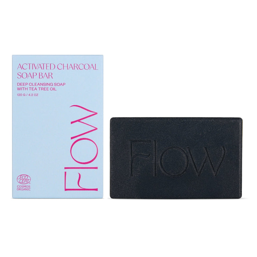 FLOW Cosmetics Activated Charcoal aktiivihiili-teepuusaippua rasvoittuvalle iholle, 120 g