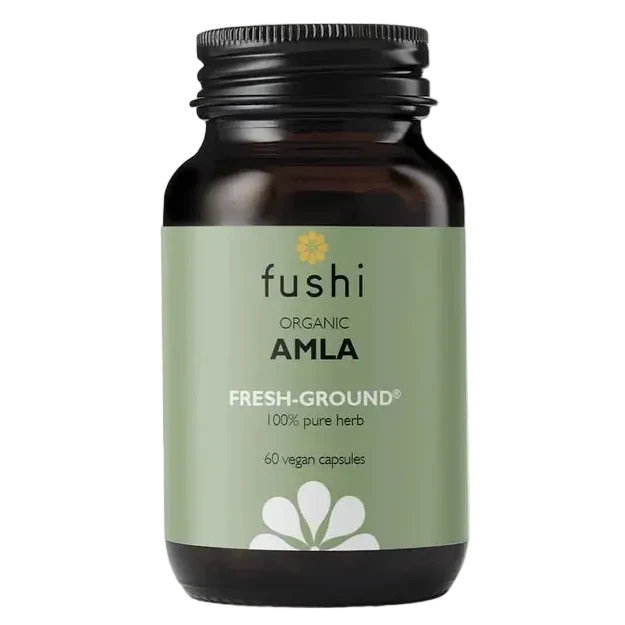 Fushi Amla 60 vegaanikapselia, intiankarviaisjauhe lasipurkissa