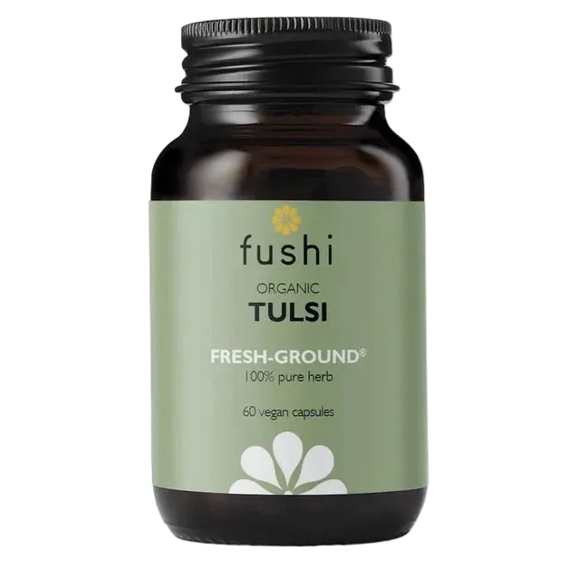 Fushi Tulsi 60 vegaanikapselia, pyhäbasilikajauhe lasipurkissa