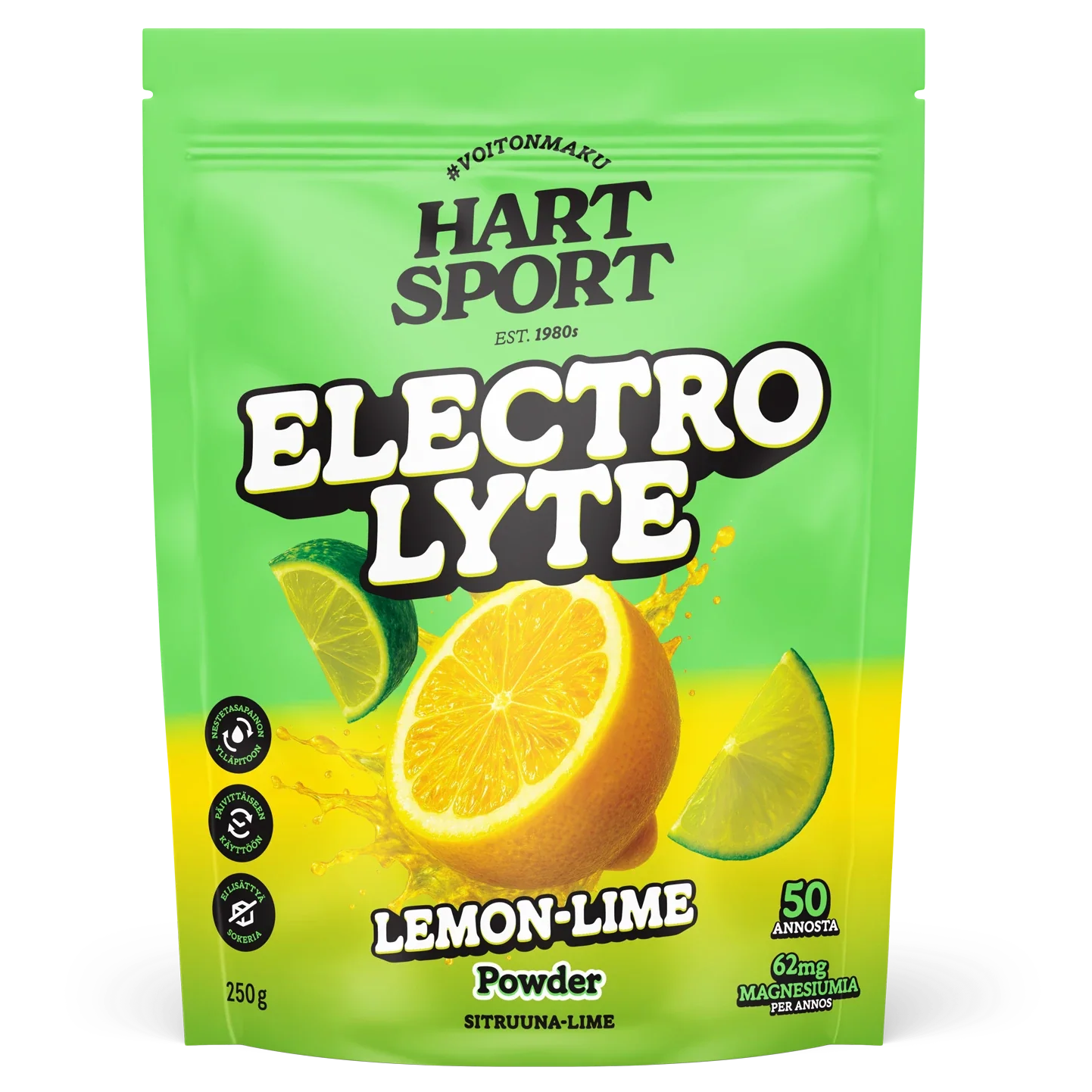 Hart-Sport Elektrolyyttijauhe Sitruuna-Lime 250 g – sokeriton elektrolyyttijuomajauhe, 50 annosta
