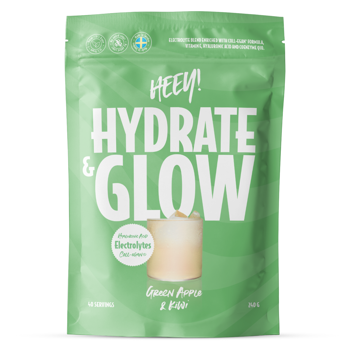 Heey! Hydrate &amp; Glow Green Apple & Kiwi & elektrolyytit + Coll-egan, 240 g