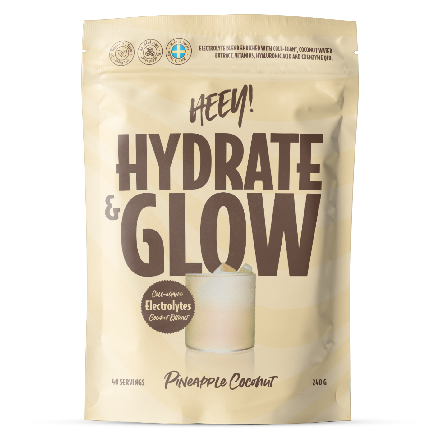 Heey! Hydrate & Glow Pineapple Coconut &ndash; elektrolyytit + Coll-egan, 240 g