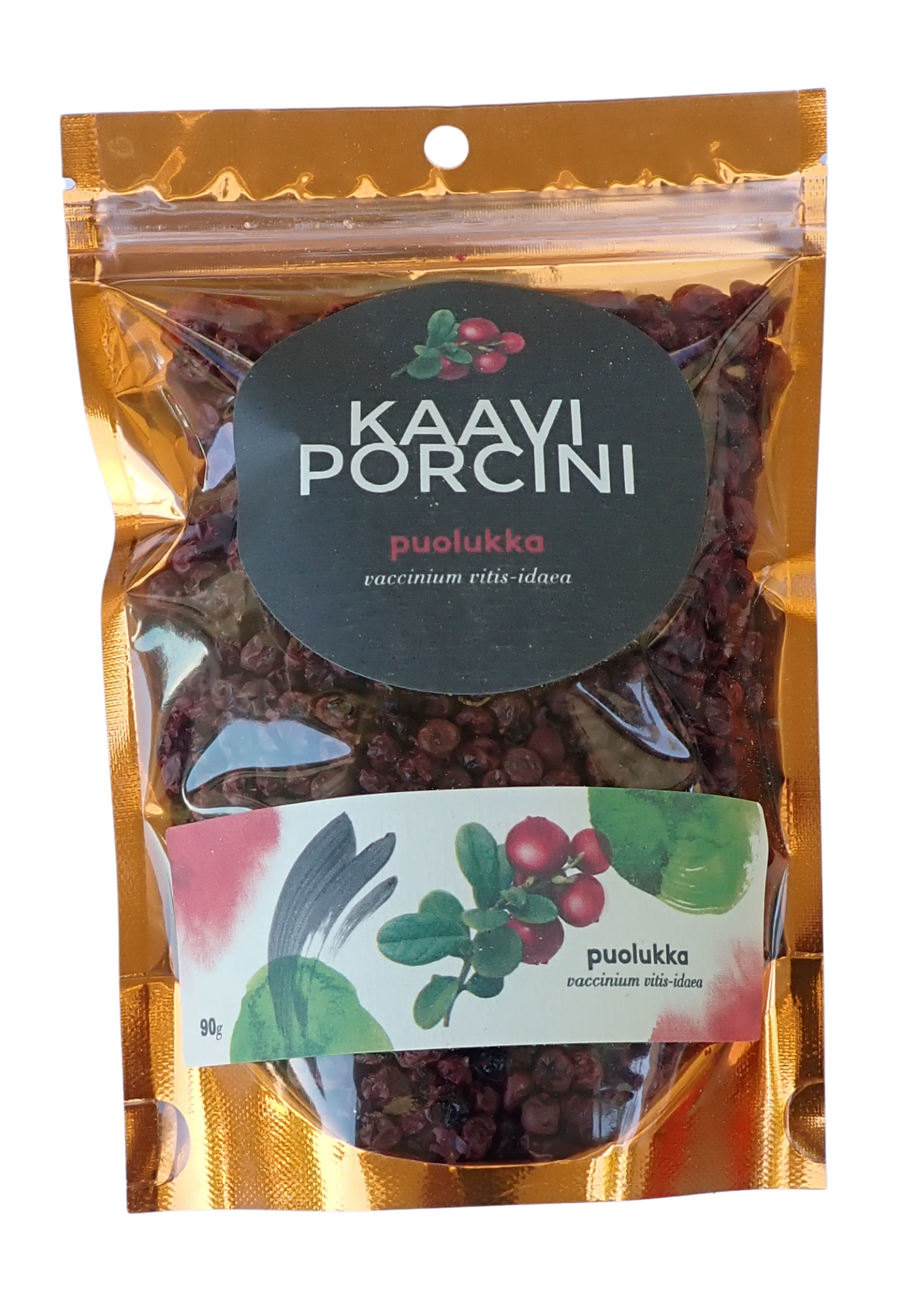 Kaavi Porcini kuivattu puolukka 90 g, kokonaisia kuivattuja metsäpuolukoita uudelleensuljettavassa pussissa