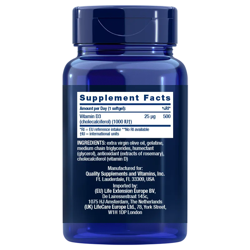 Life Extension Vitamin D3 25 mikrog-Life Extension-Hyvinvoinnin Tavaratalo