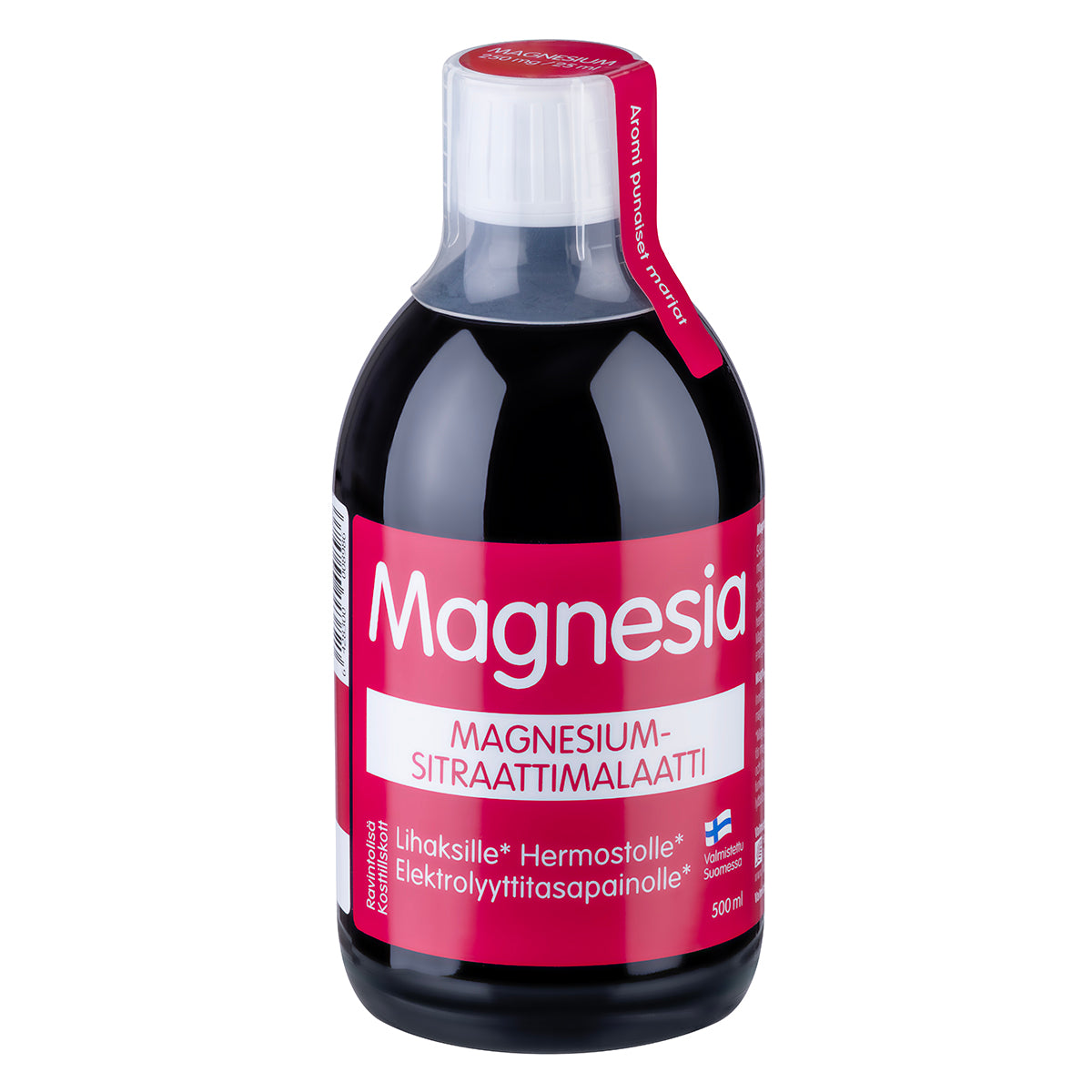 Magnesia Magnesiumsitraattimalaatti 500 ml – nestemäinen magnesiumravintolisä, punaiset marjat