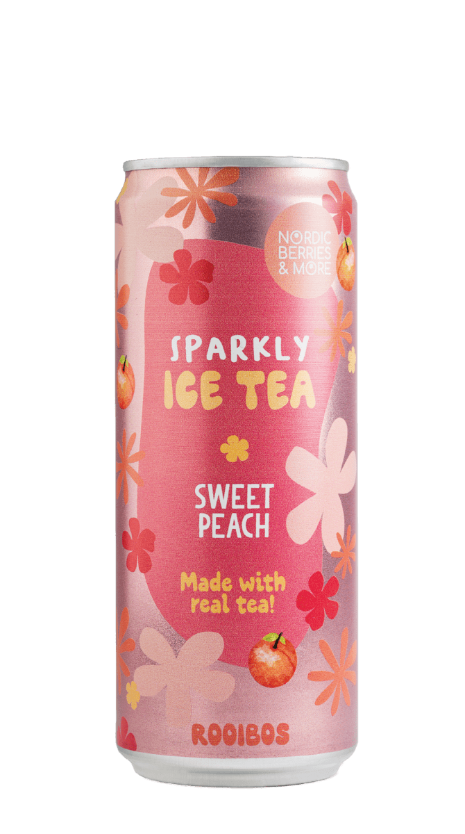 Nordic Berries & More Sparkly Ice Tea Sweet Peach, hiilihapotettu rooibosjäätee, 0,33 l tölkki