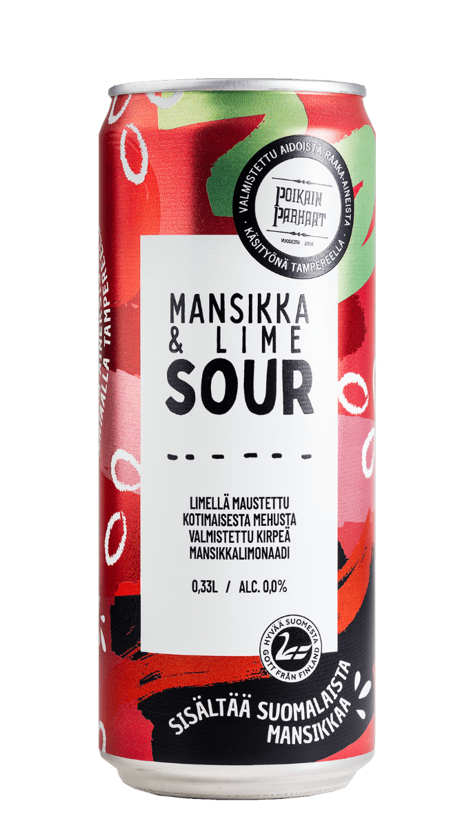 Poikain Parhaat SOUR Mansikka-Lime limonaadi, kirpeä alkoholiton mansikkajuoma, 0,33 l tölkki