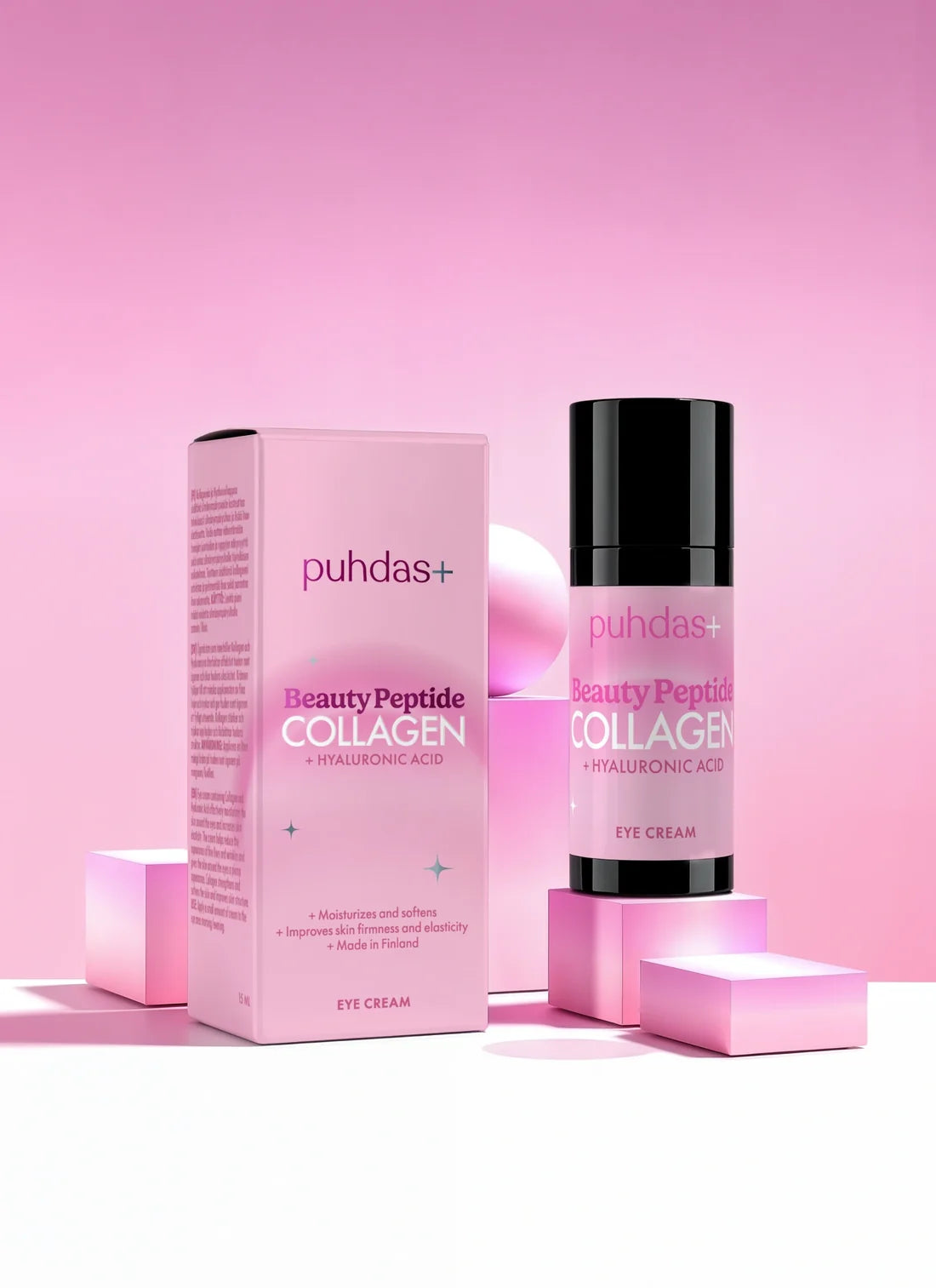 Puhdas+ Beauty Peptide Collagen -silmänympärysvoide pinkillä taustalla geometristen muotojen keskellä
