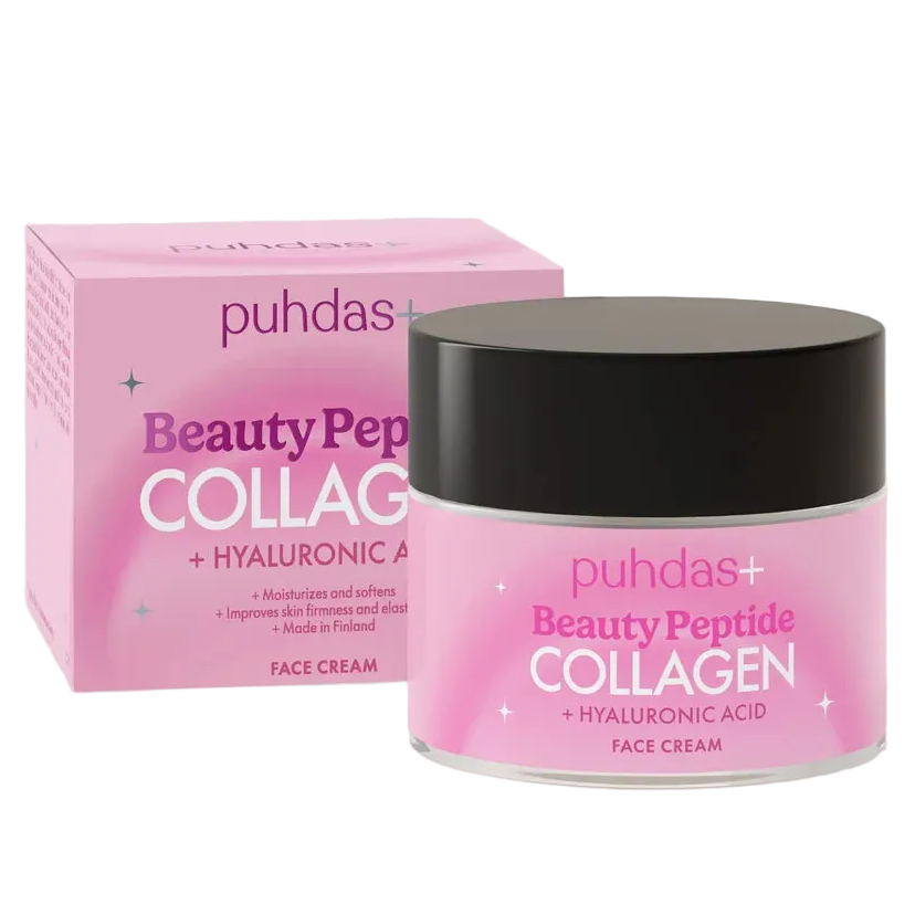 Puhdas+ Beauty Peptide Collagen -kasvovoide mustalla kannella, vaaleanpunainen pakkaus vierellä