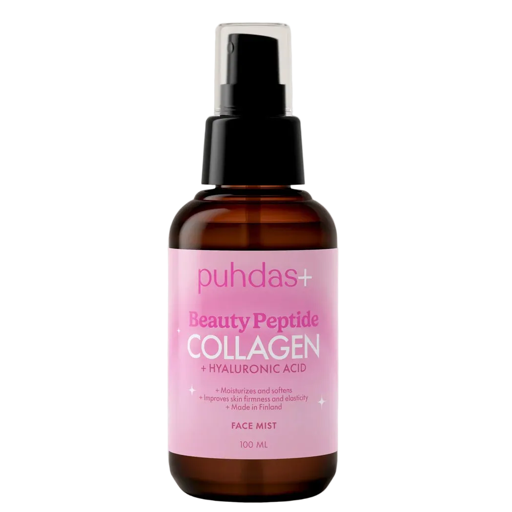 Puhdas+ Beauty Peptide Collagen -kasvovesi, ruskea muovipullo mustalla suihkepumpulla
