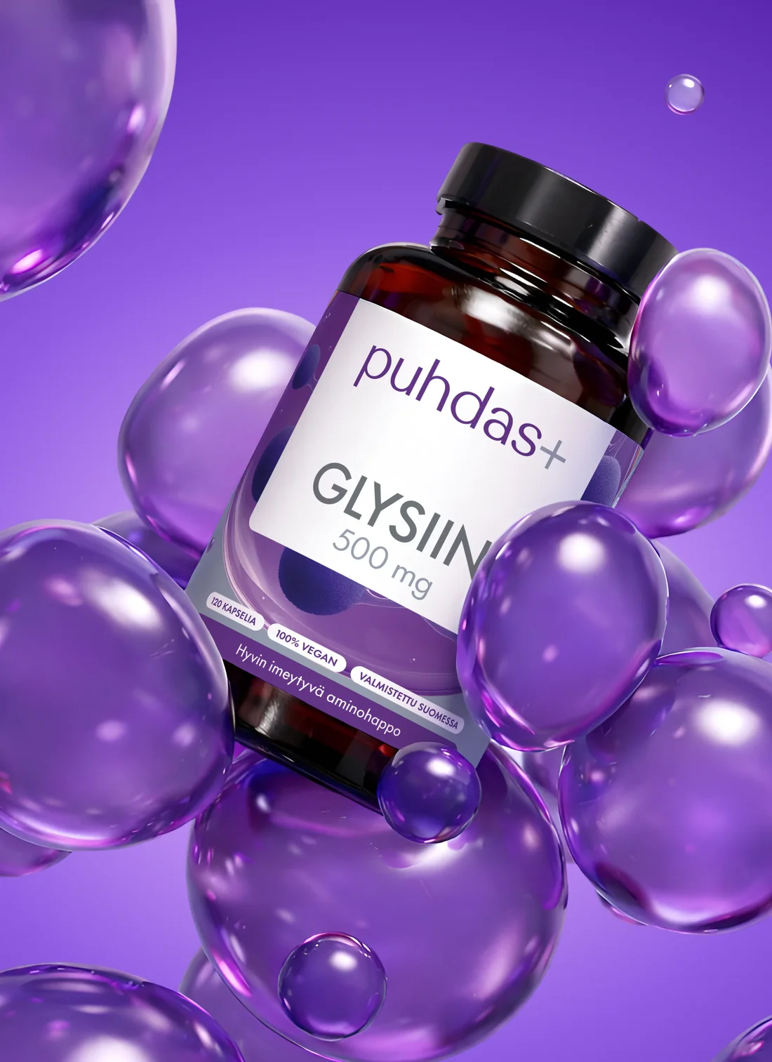 Puhdas+ Glysiini -pullo kelluu suurten kiiltävien violettien kuplien keskellä violetilla taustalla