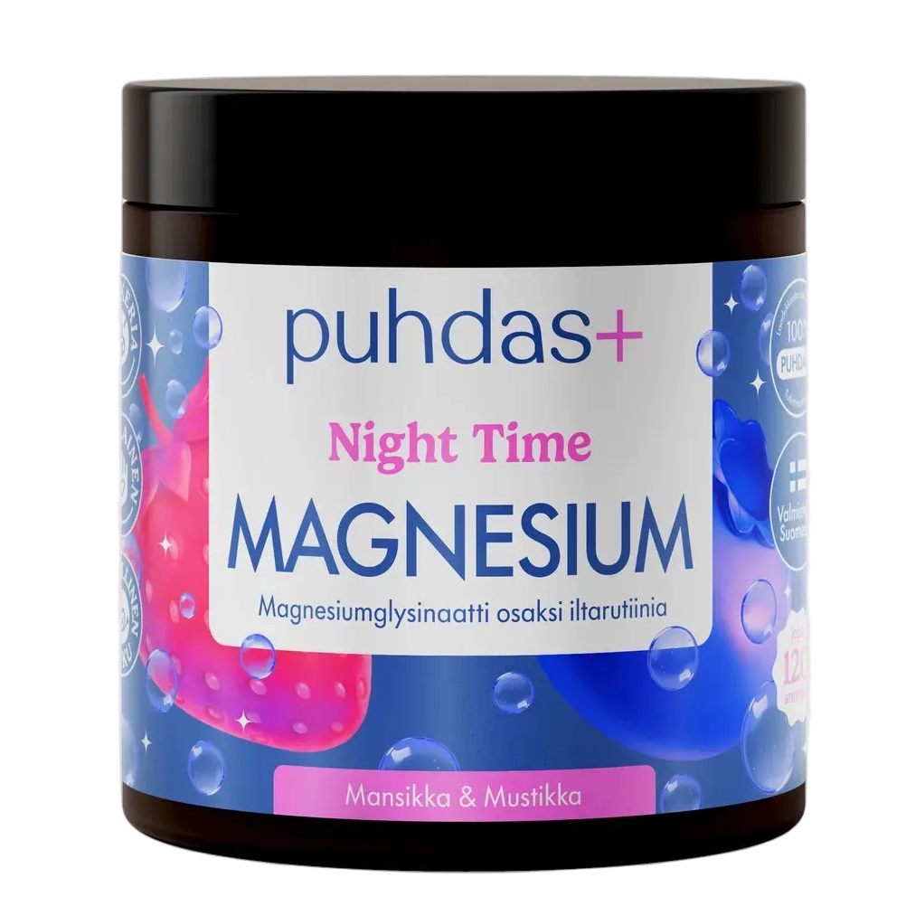 Puhdas+ Night Time Magnesium jauhe, mansikka-mustikka, magnesiumglysinaatti, sokeriton