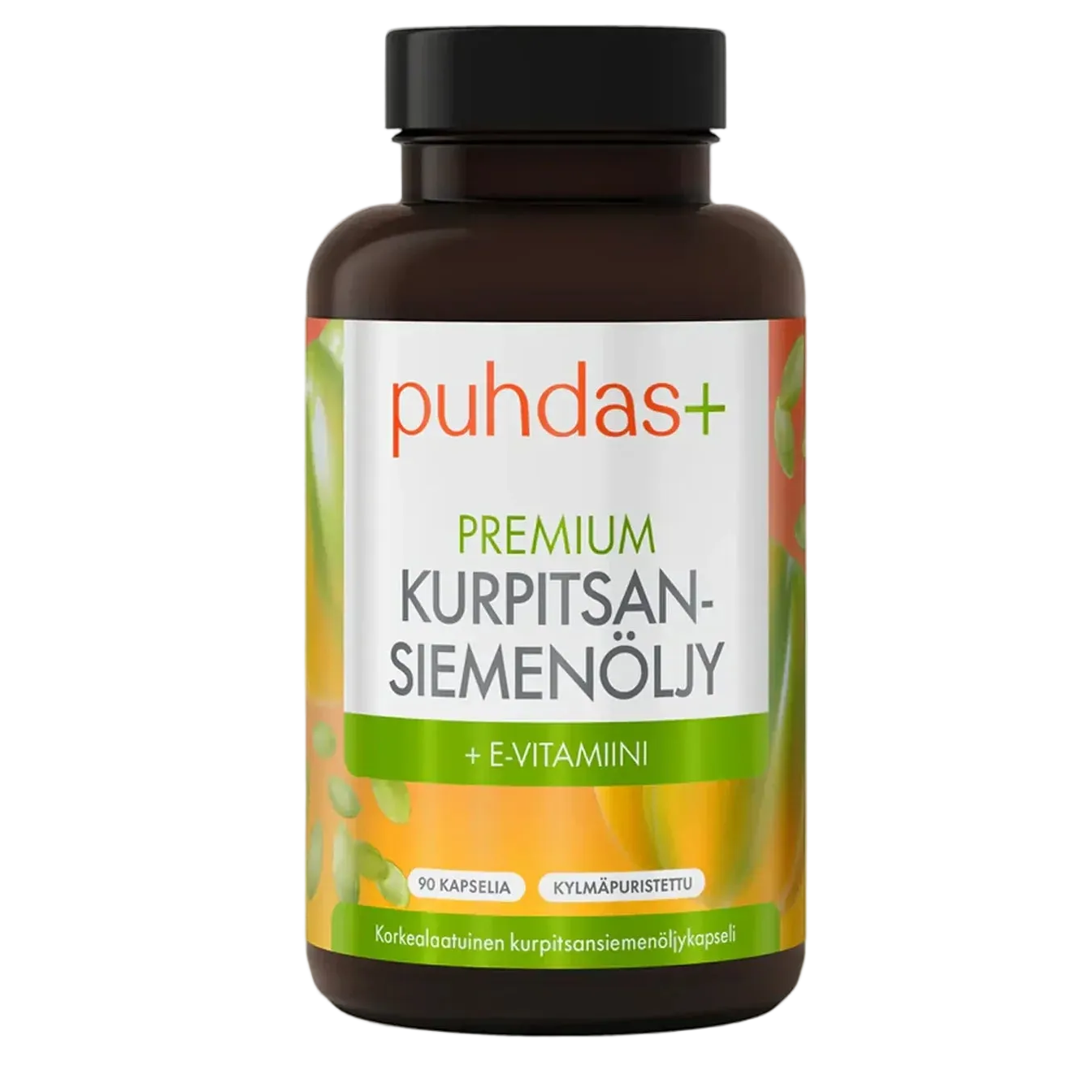 Puhdas+ Premium Kurpitsansiemenöljy + E-vitamiini kapselit, kylmäpuristettu, 90 kapselia