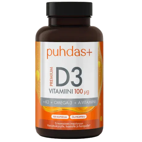 Puhdas+ Premium D3-vitamiini 100 µg + K2 + Omega-3 + A-vitamiini