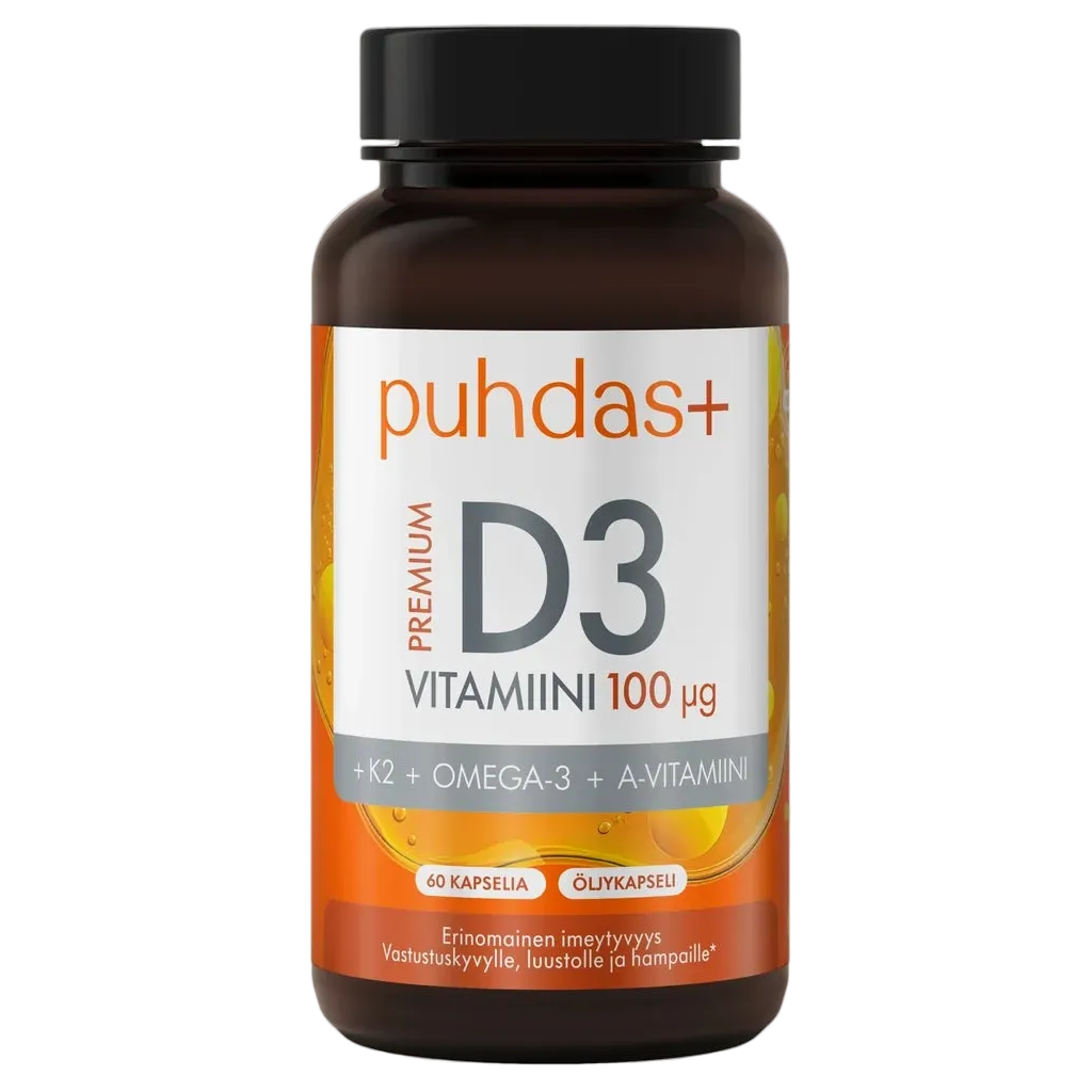 Puhdas+ Premium D3-vitamiini 100 µg + K2 + Omega-3 + A-vitamiini