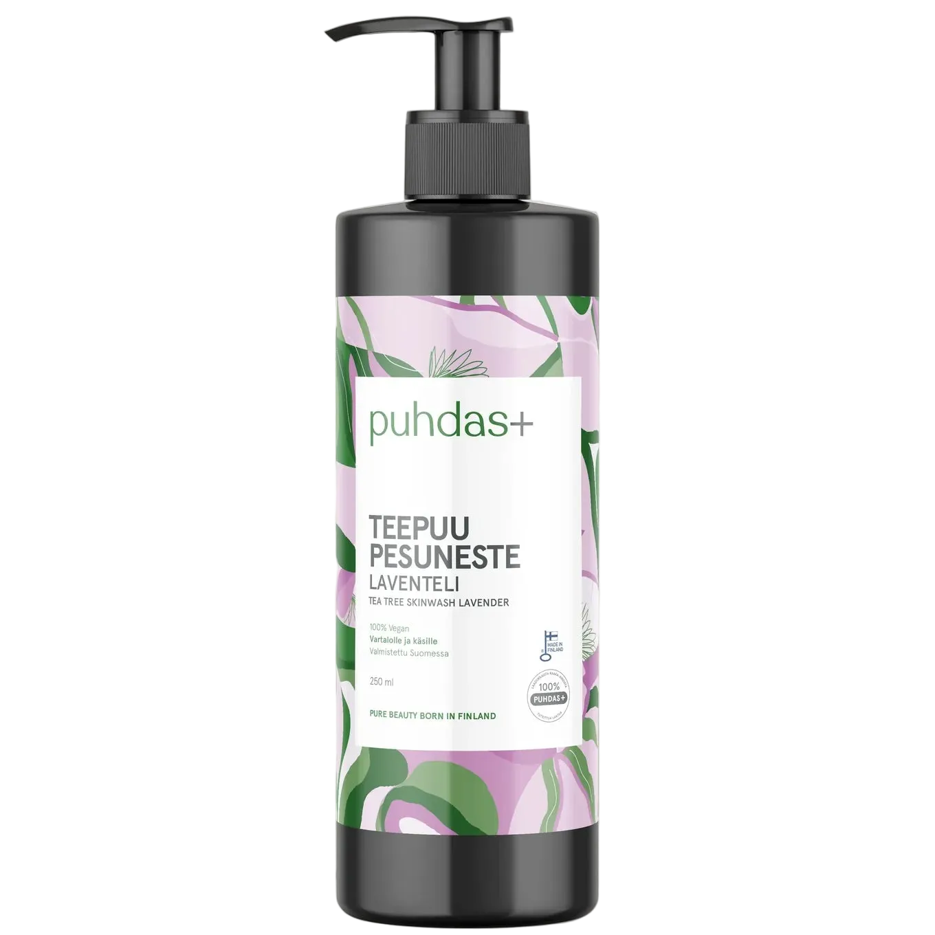 Puhdas+ Teepuu Pesuneste Laventeli 250 ml, teepuuöljyä sisältävä pesuneste, vegaaninen pumppupullo