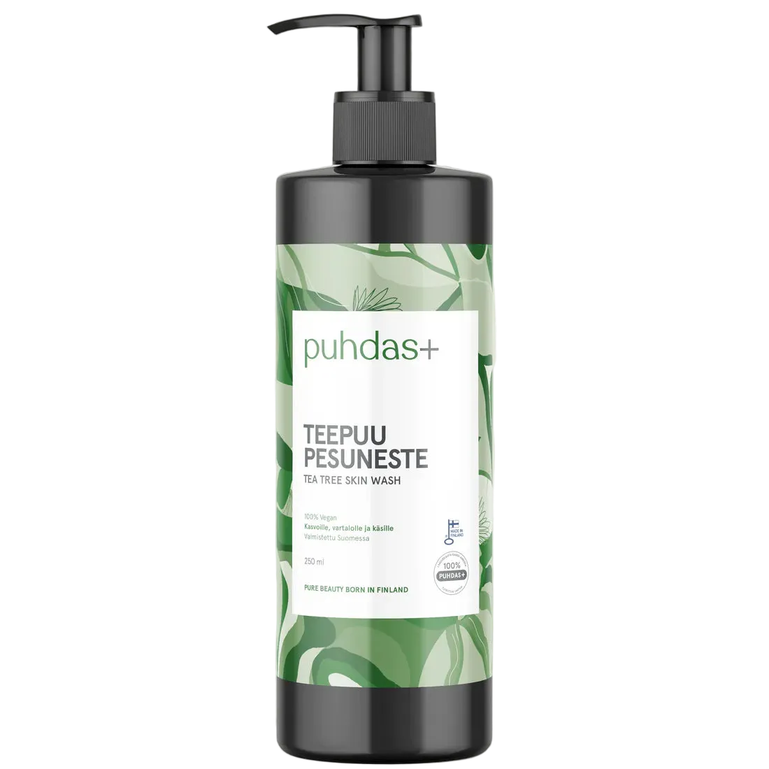 Puhdas+ Teepuu Pesuneste hajustamaton 250 ml, teepuuöljyä sisältävä pesuneste, vegaaninen pumppupullo