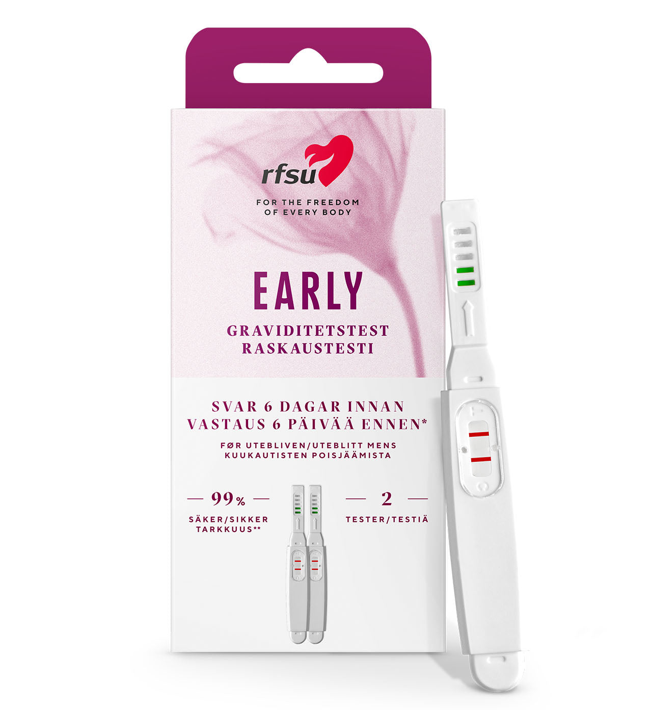 RFSU Early Raskaustesti – testitikku ja pakkaus, CE-merkitty IVD-lääkinnällinen laite