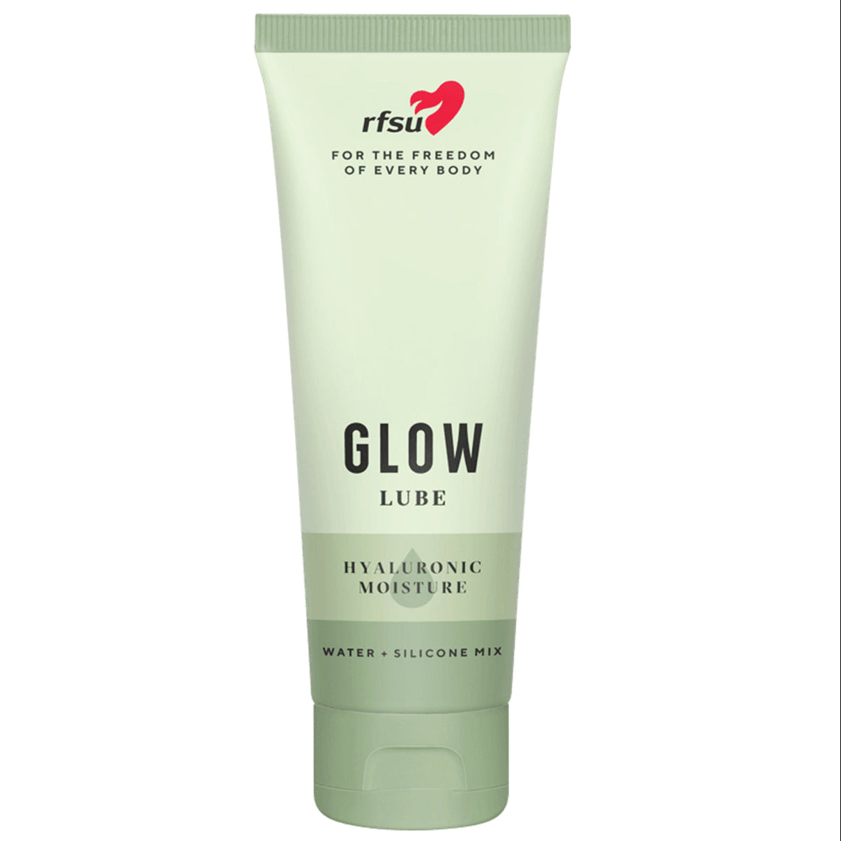 RFSU Glow Lube — hybridiliukuvoide sheavoilla ja hyaluronihapolla, vaaleanvihreä tuubipakkaus
