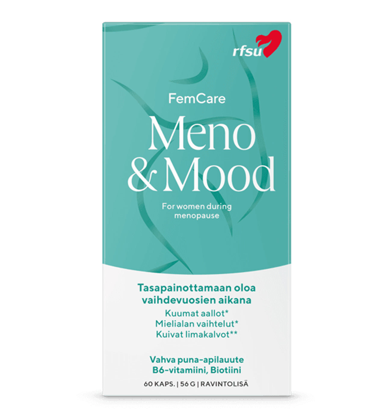 RFSU Meno & Mood -ravintolisän ainesosataulukko – puna-apilauute, B6-vitamiini, biotiini