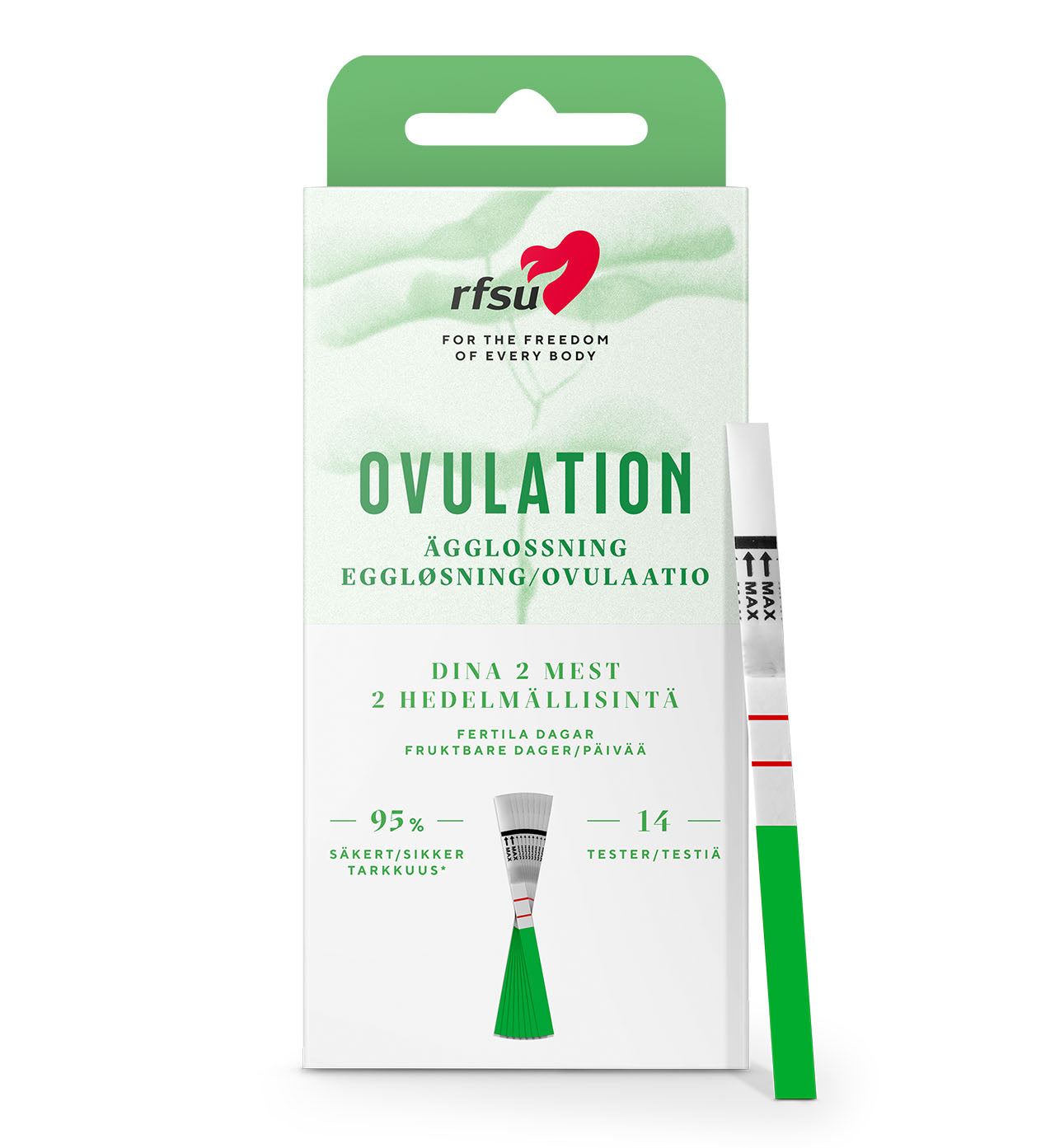 Ovulaatiotestiliuskan osat: imukykyinen pää, MAX-viiva, testiviiva, kontrolliviiva ja vihreä kahva