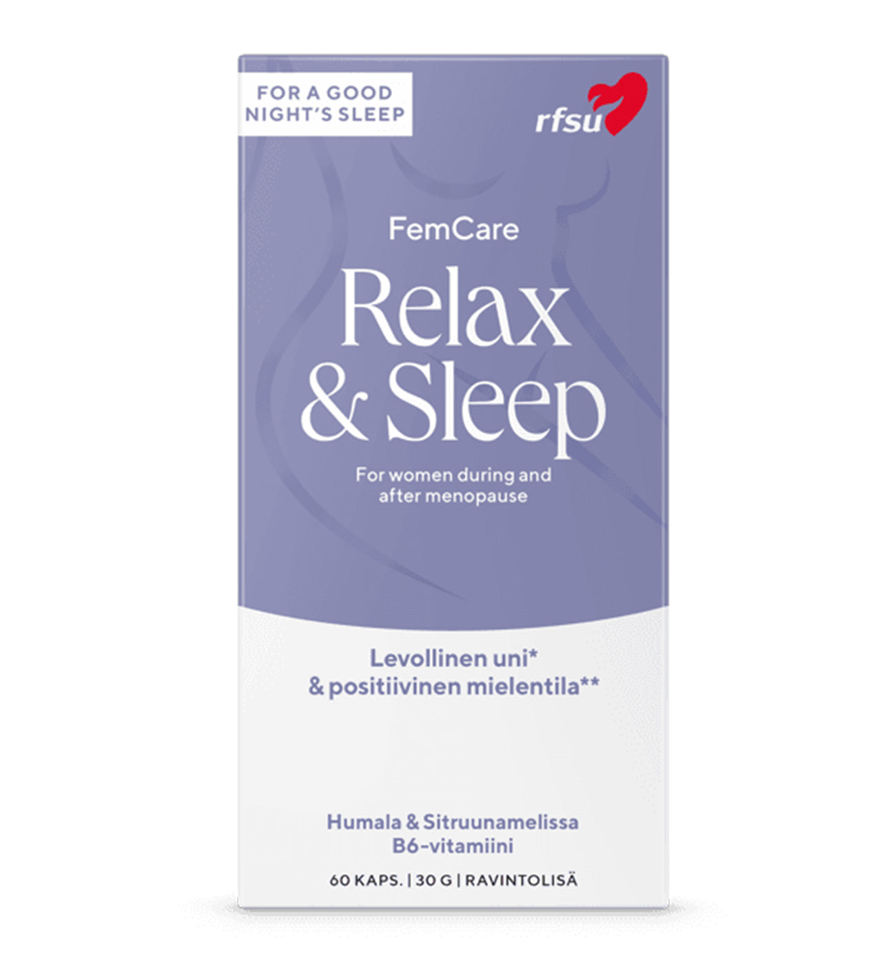 RFSU FemCare Relax & Sleep -ravintolisä levolliseen uneen vaihdevuosissa, 60 kapselia