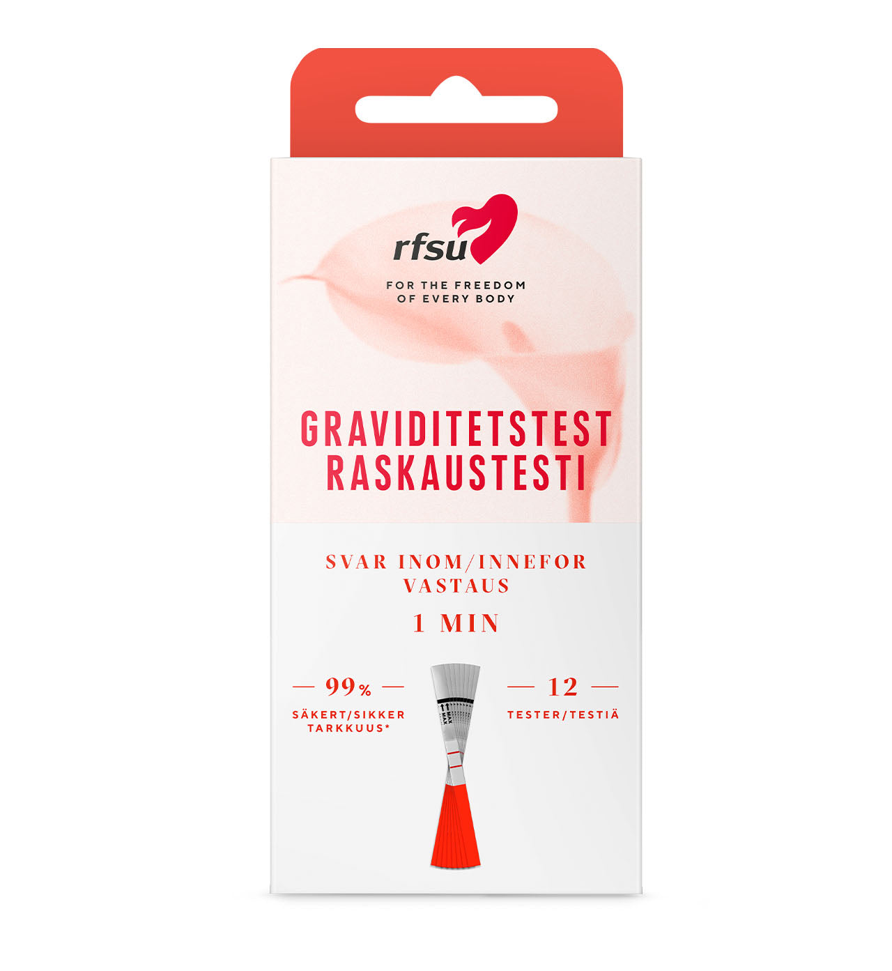 Raskaustestiliuskan osat — näytteenottopää, max-viiva, testiviiva, kontrolliviiva ja kahva