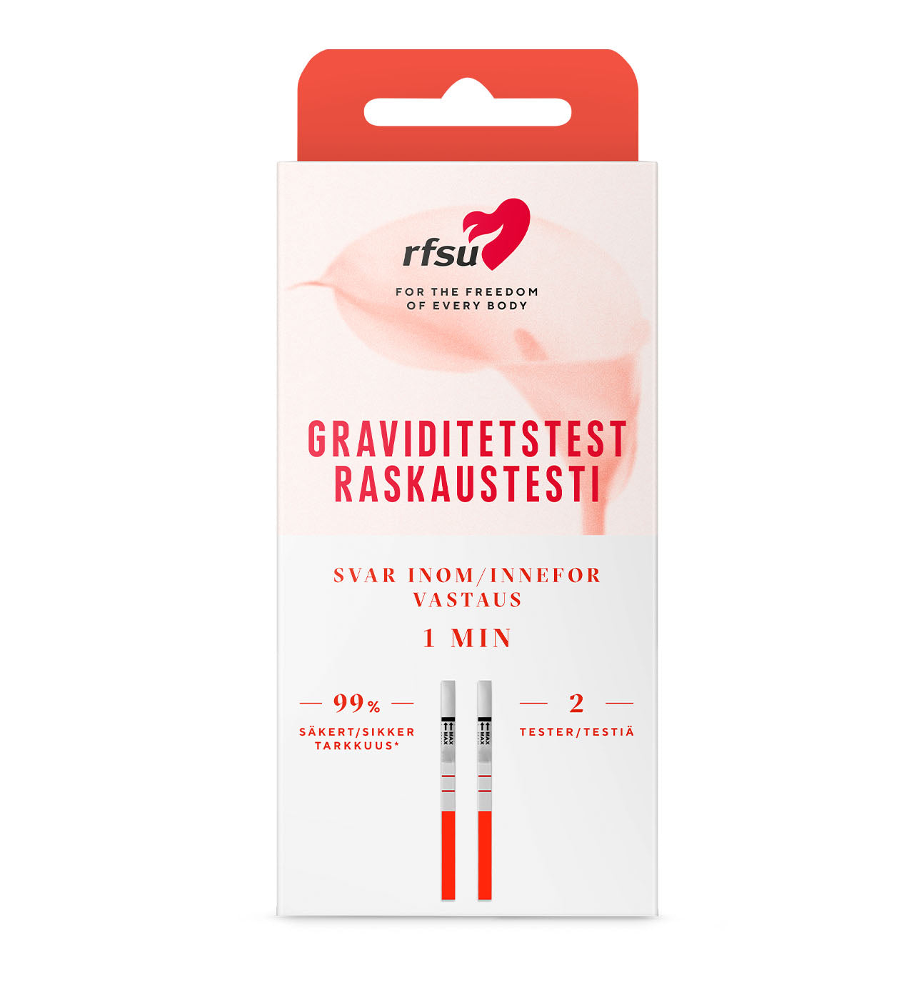 RFSU Raskaustestiliuskan pakkauksen takapuoli — käyttöohjeet eri kielillä ja CE-merkintä 0537
