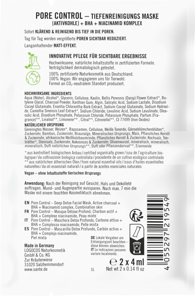 Sante Pore Control Syväpuhdistava Kasvonaamio-Sante-Hyvinvoinnin Tavaratalo