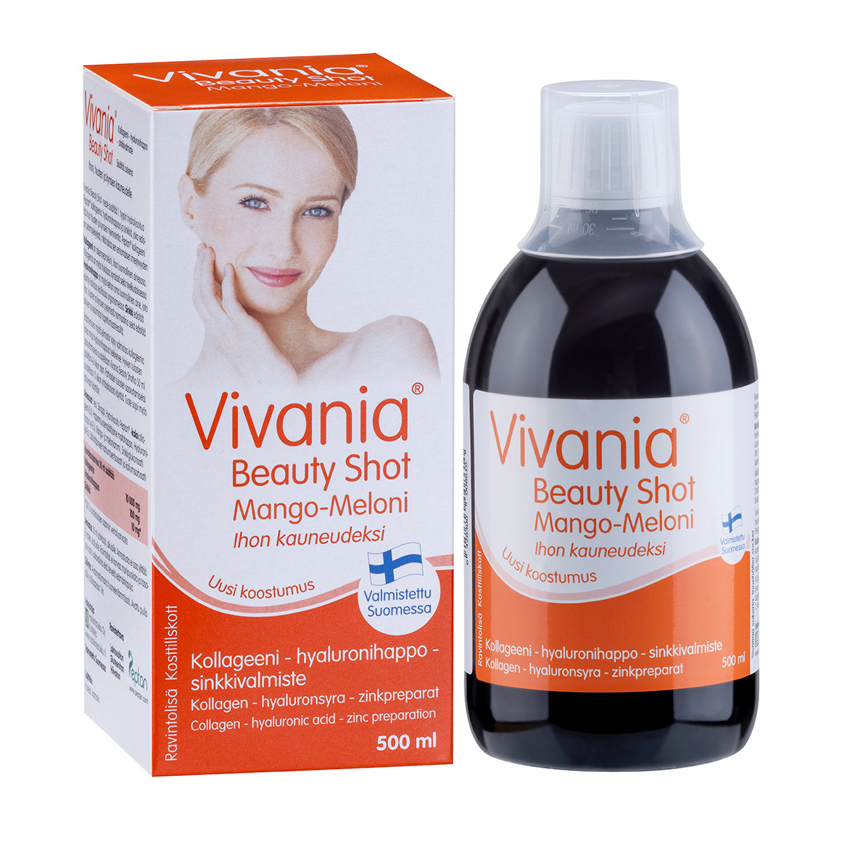 Vivania Beauty Shot Mango-Meloni 500 ml, nestemäinen kollageeni-, hyaluronihappo- ja sinkkivalmiste