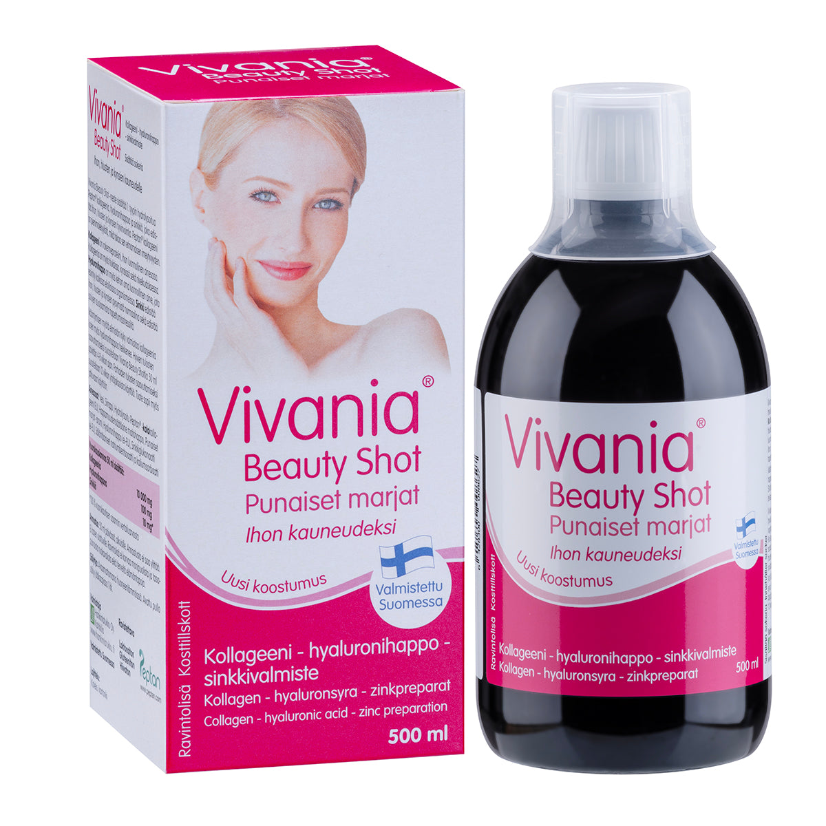 Vivania Beauty Shot Punaiset marjat 500 ml, nestemäinen kollageeni-, hyaluronihappo- ja sinkkivalmiste