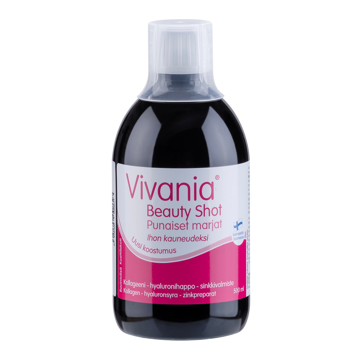 Vivania Beauty Shot Punaiset marjat 500 ml, nestemäinen kollageeni-, hyaluronihappo- ja sinkkivalmiste