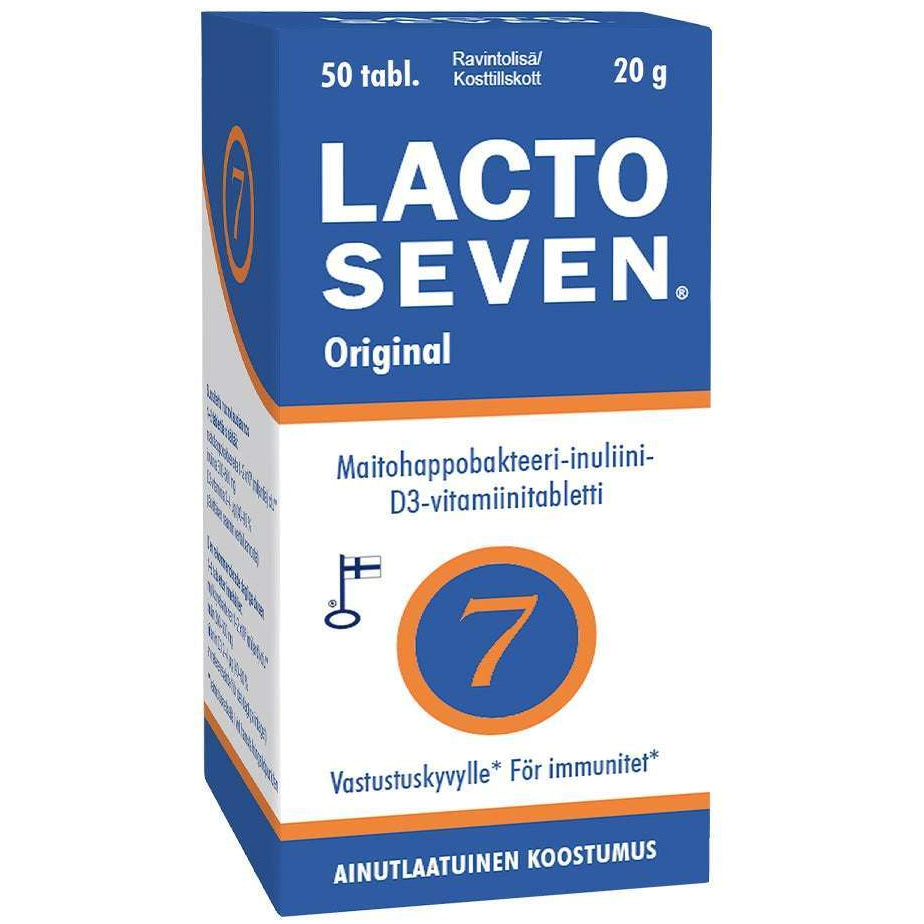 Sininen, valkoinen ja oranssi laatikko Vitabalans Lacto Seven maitohappobakteeri, jossa on 50 tablettia (20 g), jossa on suomenkielinen ja ruotsinkielinen teksti, sisältää inuliinia ja D3-vitamiinia immuunijärjestelmän tukemiseksi.