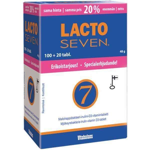 Vitabalans Lacto Seven maitohappobakteeri -rasiassa on oranssi ja sininen tuotemerkki, suomen/ruotsinkielinen teksti, se sisältää 100+20 tablettia (maitohappobakteerit) ja sen yläosassa on 20 prosentin lisätarjous.