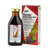 250 ml pullo ja laatikko Salus Floradix Kräuterblut-Saft rautavalmiste by Salus, nestemäinen rauta- ja vitamiinilisä, jonka punaisissa ja valkoisissa etiketeissä on hedelmiä ja yrttejä. Etiketeissä on suomenkielinen ja ruotsinkielinen teksti.