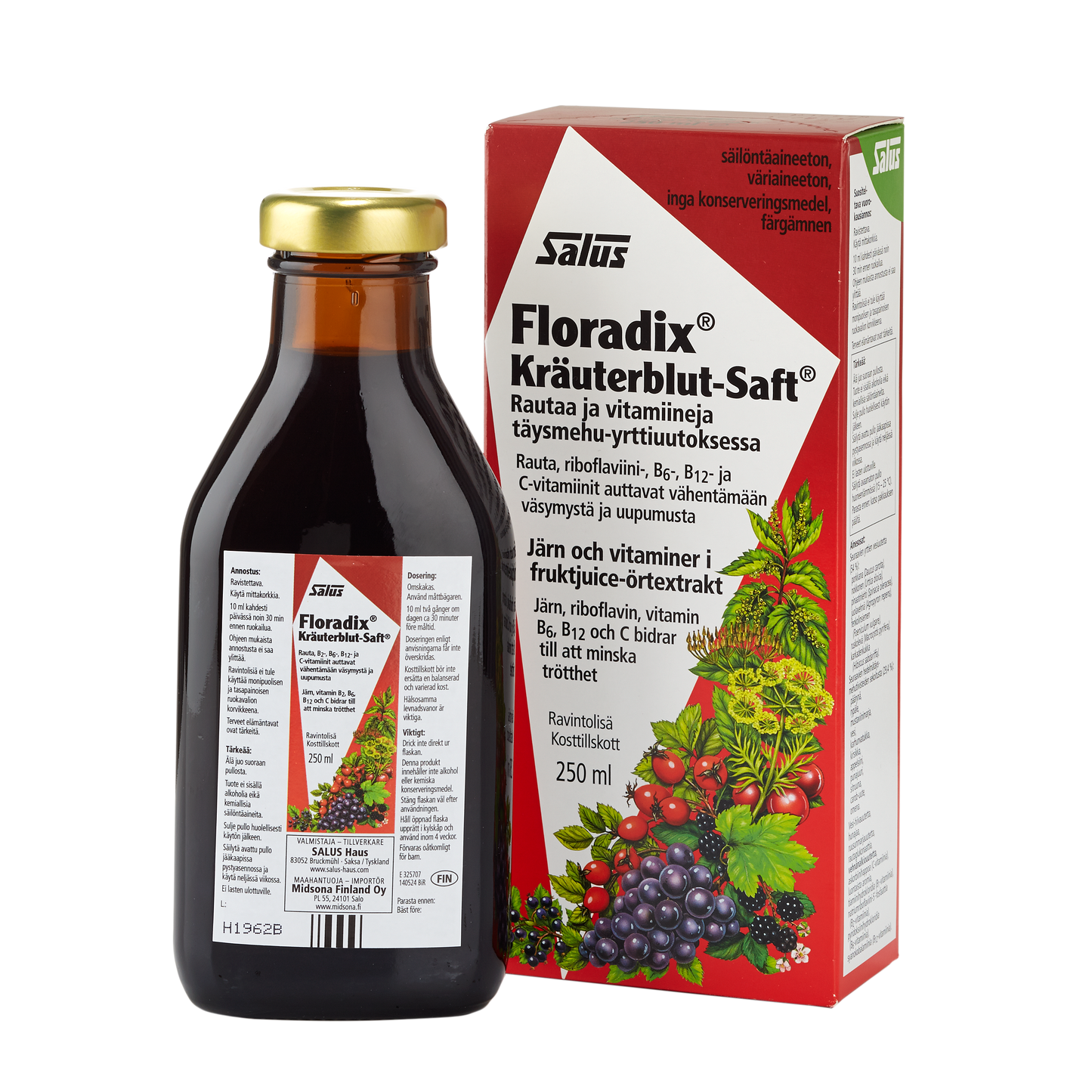 250 ml pullo ja laatikko Salus Floradix Kräuterblut-Saft rautavalmiste by Salus, nestemäinen rauta- ja vitamiinilisä, jonka punaisissa ja valkoisissa etiketeissä on hedelmiä ja yrttejä. Etiketeissä on suomenkielinen ja ruotsinkielinen teksti.